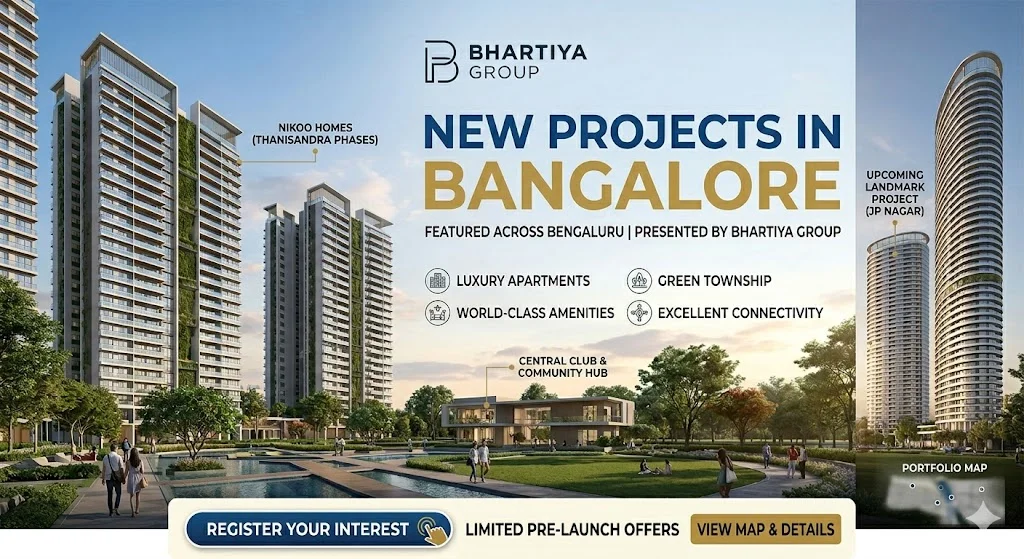 Exterior facade and landscaped surroundings of newly launched modern apartment complexes in Bangalore.